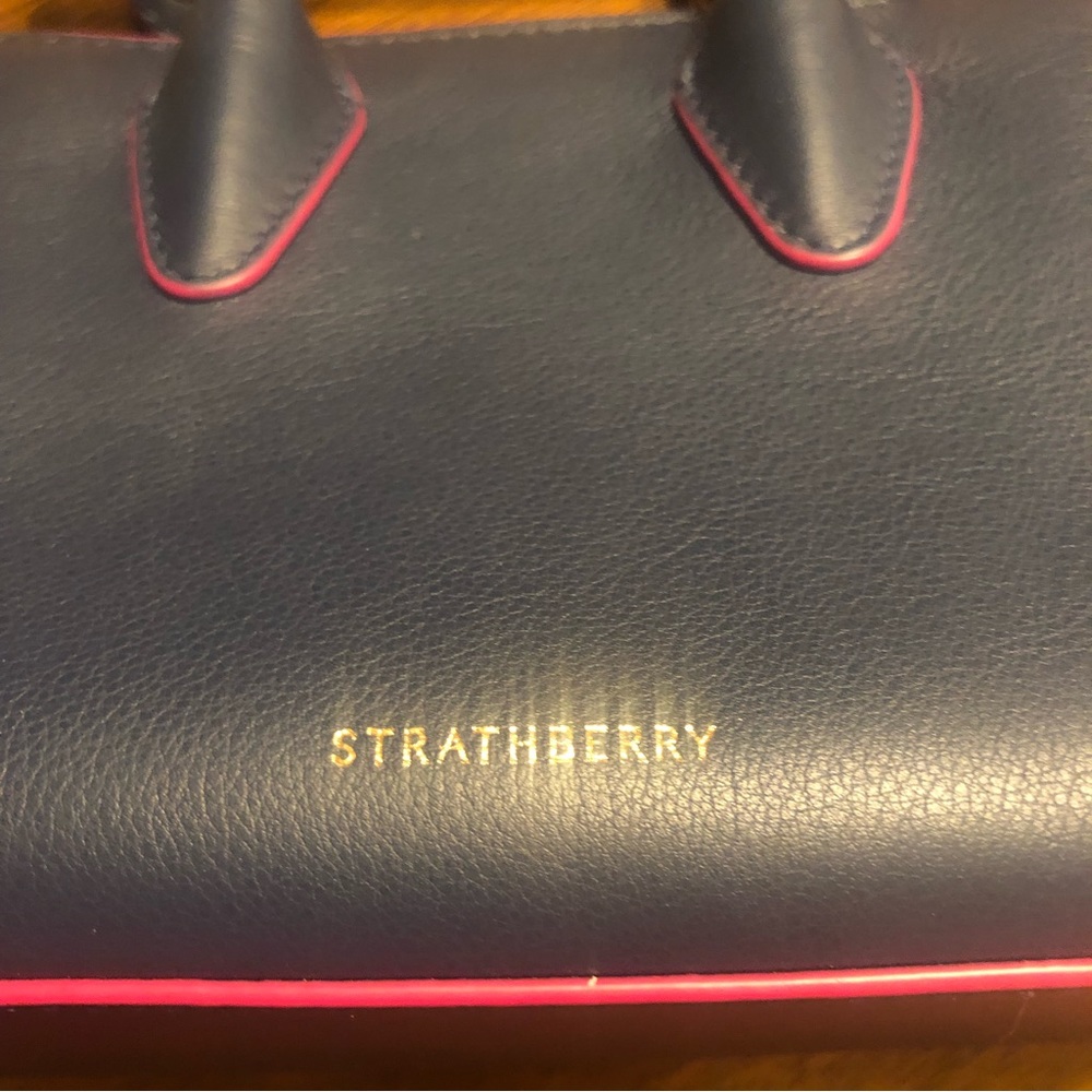 Strathberry Navy Leather Mini Top-Handle Crossbody with Pink Trim - Picture 9 of 16